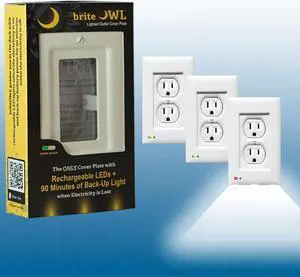 3-pack of the briteOWL White Duplex outlet cover plate with backup lighting feature and optional nightlight feature. Providing 50 lumens of light when the power goes out!
