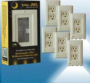 6-pack of the briteOWL Almond Duplex outlet cover plate with backup lighting feature and optional nightlight feature. Providing 50 lumens of light when the power goes out!
