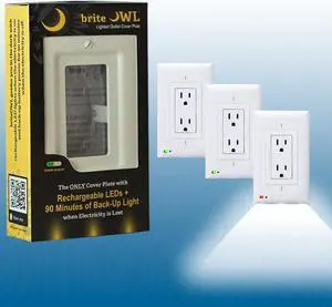 3-pack of the briteOWL White Decora outlet cover plate with backup lighting feature and optional nightlight feature. Providing 50 lumens of light when the power goes out!