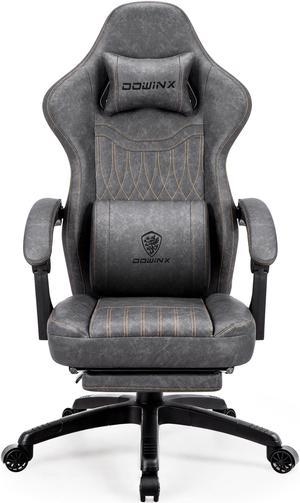 Dowinx Gaming Chair with Pocket Spring Cushion Vintage Style Breathable PU Leather Gamer Chair Ergonomic Computer Chair with Massage Lumbar Support and Footrest Black Grey