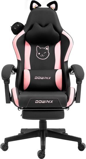 Dowinx Cute Cat-Ear Gaming Chair with Massaging Lumbar Support, Ergonomic Computer Gaming Chair for Girl and Adults, Reclining Comfort Game Chair with Footrest, Black