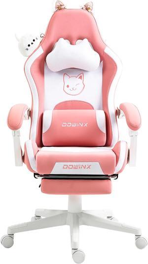 Dowinx Cute Cat-Ear Gaming Chair with Massaging Lumbar Support, Ergonomic Computer Gaming Chair for Girl and Adults, Reclining Comfort Game Chair with Footrest, Pink