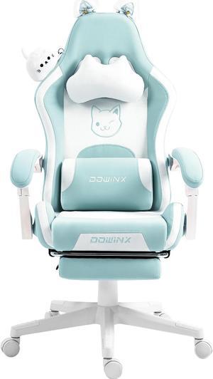 Dowinx Cute Cat-Ear Gaming Chair with Massaging Lumbar Support, Ergonomic Computer Gaming Chair for Girl and Adults, Reclining Comfort Game Chair with Footrest, Blue