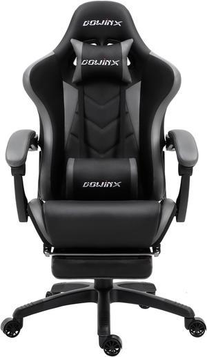Dowinx Ergonomic Gaming Chair with Massage Lumbar Support, High Back Office Computer Chair with Footrest, Racing Style Recliner PU Leather Gamer Chairs, Grey