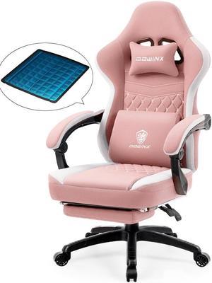 Dowinx Gaming Chair with Pocket Spring Cushion, Breathable Fabric Computer Chair with Gel Pad, Comfortable Office Chair with Storage Bag, Massage Game Chair with Footrest, Pink