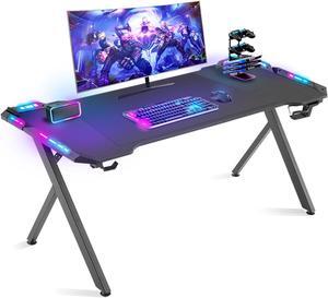 Dowinx 55 inch Gaming Desk with RGB LED Lights, Racing Style PC Computer Desk Home Office Computer Table Gamer Workstation with Carbon Fiber Surface, Cup Holder and Headset Hook, Black