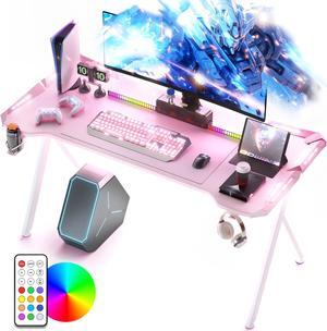 Dowinx 63 inch Gaming Desk with RGB LED Lights, Racing Style PC Computer Desk Home Office Computer Table Gamer Workstation with Carbon Fiber Surface, Cup Holder and Headset Hook, Pink 63"