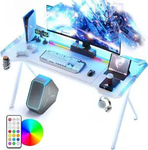 Dowinx 63 inch Gaming Desk with RGB LED Lights, Racing Style PC Computer Desk Home Office Computer Table Gamer Workstation with Carbon Fiber Surface, Cup Holder and Headset Hook, White 47"