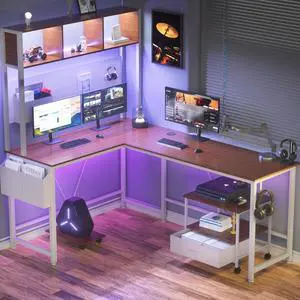 Dowinx L Shaped Gaming Desk with Led Light and Pegboard 94.5 Inch Computer Corner Desk or 2 Person Long Table with Shelves Monitor Stand and Filing Cabinet for Home Office Brown