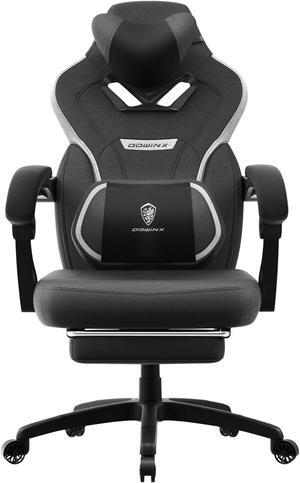 Dowinx Gaming Chair with Footrest, Ergonomic Massage Game Chair for Adults, Heavy-Duty PC Computer Chair with Massage Lumbar Support, Adjustable Recline and Storage Pouch For Home Office, Black Fabric