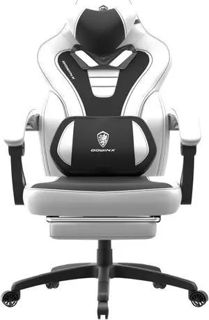 Dowinx Gaming Chair with Footrest, Ergonomic Massage Game Chair for Adults, Heavy-Duty PC Computer Chair with Massage Lumbar Support, Adjustable Recline and Storage Pouch For Home Office, Grey Leather