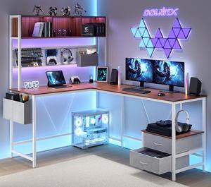 Dowinx L Shaped Gaming Desk with Led Light and Pegboard 94.5 Inch Computer Corner Desk or 2 Person Long Table with Shelves Monitor Stand and Filing Cabinet for Home Office Brown with Drawer