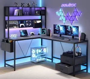 Dowinx L Shaped Gaming Desk with Led Light and Pegboard 94.5 Inch Computer Corner Desk or 2 Person Long Table with Shelves Monitor Stand and Filing Cabinet for Home Office Grey with Drawer