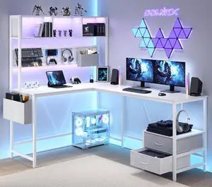 Dowinx L Shaped Gaming Desk with Led Light and Pegboard 94.5 Inch Computer Corner Desk or 2 Person Long Table with Shelves Monitor Stand and Filing Cabinet for Home Office Wihte with Drawer