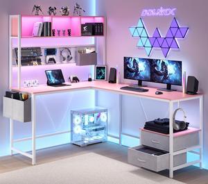 Dowinx L Shaped Gaming Desk with Led Light and Pegboard 94.5 Inch Computer Corner Desk or 2 Person Long Table with Shelves Monitor Stand and Filing Cabinet for Home Office Pink with Drawer