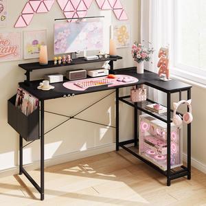 Dowinx L-Shaped Gaming Desk with Cat Accessories - 43-Inch Black & Pink, Built-in Power Outlet, Monitor Shelf, and Side Storage, Sturdy Metal Frame for Gamers and Home Office