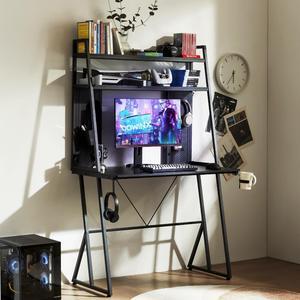 Dowinx Gaming Desk with Pegboard and LED Lights - 40 Inch Compact Computer Desk with Storage Hutch, Double Z-Leg Metal Frame, Black