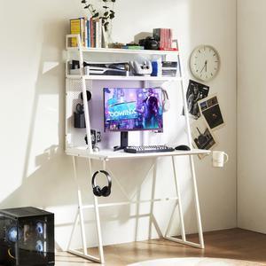 Dowinx Gaming Desk with Pegboard and LED Lights - 40 Inch Compact Computer Desk with Storage Hutch, Double Z-Leg Metal Frame, White,LS-GDH03