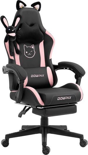 Dowinx Cute Cat-Ear Gaming Chair with Massaging Lumbar Support, Ergonomic Computer Gaming Chair for Girl and Adults, Reclining Comfort Game Chair with Footrest, Black Bunny