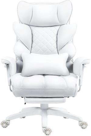 Dowinx Big and Tall Office Chair with Pocket Spring Cushion and Lumbar Support,Executive Desk Chair with Footrest,High Back Computer Gaming Chair with Adjustable Armrests,(PU Leather, White)LS-66BG104