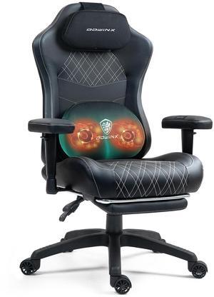 Dowinx Gaming Chair with Heated Massage Lumbar Support,Ergonomic Computer Chair with Pocket Spring Cushion,Black-White,Reclining Game Chair with Adjustable Padded Armrests and Footrest,LS-6650D01