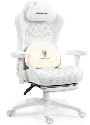 Dowinx Gaming Chair with Heated Massage Lumbar Support,Ergonomic Computer Chair with Pocket Spring Cushion,Reclining Game Chair,Adjustable Armrests and Footrest,LS-6650D04,White