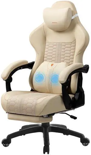 Dowinx Gaming Chair Big and Tall with Dual-Point Massage Lumbar Support, Video Game Chairs for Adults with Footrest, Ergonomic Computer Chair High Back 360° Swivel, PU Leather Recliner 400LBS White