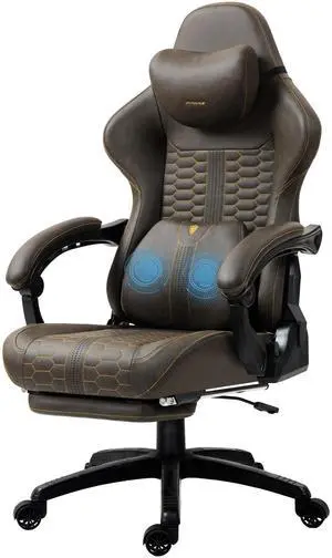 Dowinx Gaming Chair Big and Tall with Dual-Point Massage Lumbar Support, Video Game Chairs for Adults with Footrest, Ergonomic Computer Chair High Back 360° Swivel, PU Leather Recliner 400LBS Brown
