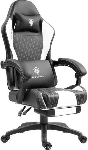 Dowinx Gaming Chair with Lumbar Support and Footrest, Ergonomic Video Game Chair for Adults, Adjustable High-Back Office Chair with Pocket Spring Cushion, Reclining Computer Chair with Headrest White