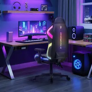 Dowinx RGB LED Gaming Chair with Lumbar Support for Big and Tall, 3D Adjustable Armrests&Headrest, Gaming Computer Chair For Adults&Teens, Fabric Gaming Chair for Video Gamer, 66D2 Black