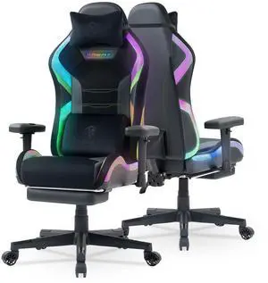 Dowinx LED Gaming Chair with Lumbar Support for Big and Tall, 3D Adjustable Armrests&Headrest, RGB Game Chair for Video Gamer, Fabric Computer Chair for Adults&Teens, 66D2 Black&Green