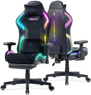 Dowinx LED Gaming Chair with Lumbar Support for Big and Tall, 3D Adjustable Armrests&Headrest, RGB Game Chair for Video Gamer, Fabric Computer Chair for Adults&Teens, 66D2 Black