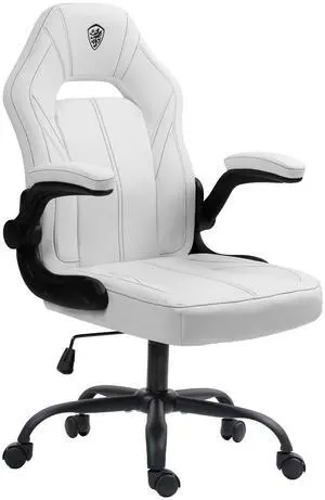 Dowinx Gaming Chair, Breathable PU Leather Gamer Chair with Pocket Spring Cushion, Swivel Desk Chair with adjustable seat and armrests, Ergonomic Computer Chair with reclining backrest, White