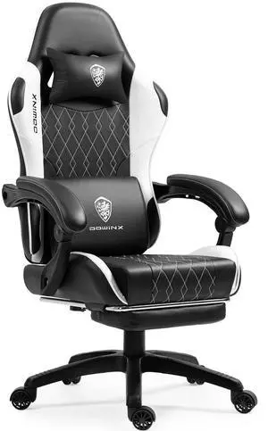 Dowinx Ergonimic Gaming Chair with Massage Lumbar Support, Video Game Chair for Adults, Adjustable Gamer Chairs High Back with Pocket Spring Cushion, 360° Swivel Recliner with Footrest, Black&White