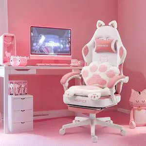 Gaming Chair Cute with Cat Ears and Paw Lumbar Seat Cushion, Ergonomic Computer Chair with Footrest, Reclining PC Game Chair for Girls, Computer Chair 300lbs for Adult, White&Pink