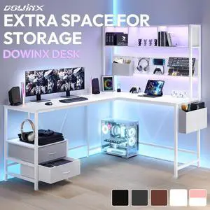Dowinx L Shaped Gaming Desk with Led Light and Pegboard 94.5 Inch Computer Corner Desk for 2 Person Long Table with Shelves Monitor Stand and Filing Cabinet for Home Office Wihte with Drawer Dowinx L Shaped Gaming Desk with Led Light and Pegboard 94.5 Inch Computer Corner Desk for 2 Person Long Table with Shelves Monitor Stand and Filing Cabinet for Home Office Wihte with Drawer
