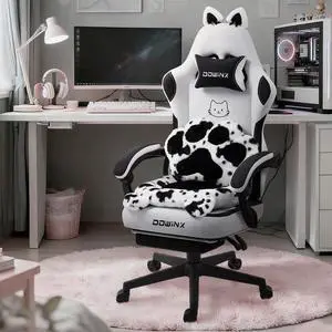 Dowinx Cute Gaming Chair with Cat Ears and Paw Lumbar Seat Cushion, Ergonomic Computer Chair with Footrest, Kawaii Game Chair for girls, Reclining PC Game Chair for Home Use, Black White