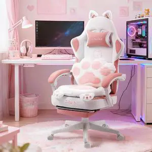 Dowinx Cute Gaming Chair with Cat Ears and Paw Lumbar Seat Cushion, Ergonomic Computer Chair with Footrest, Kawaii Game Chair for girls, Reclining PC Game Chair for Home Use, Pink White