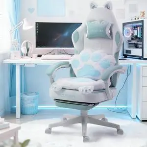 Dowinx Cute Gaming Chair with Cat Ears and Paw Lumbar Seat Cushion, Ergonomic Computer Chair with Footrest, Kawaii Game Chair for girls, Reclining PC Game Chair for Home Use, Blue White Dowinx Cute Gaming Chair with Cat Ears and Paw Lumbar Seat Cushion, Ergonomic Computer Chair with Footrest, Kawaii Game Chair for girls, Reclining PC Game Chair for Home Use, Blue White