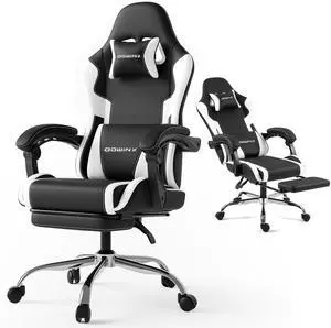 Dowinx Gaming Chair PU Leather with Pocket Spring Cushion, Ergonomic Office Chair with Massage Lumbar Support & Adjustable Headrest, Swivel PC Game Chair for Video gamer, Recliner 330lbs with Footrest