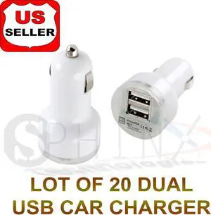LOT 20 Dual USB 2 Port Car Charger white for iPhone 4 5 6  S2 S3 S6 S5 S4