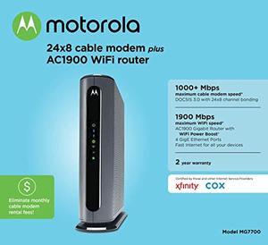 Motorola MG7700 24x8 Cable Modem Plus AC1900 Dual Band WiFi Gigabit Router with Power Boost, 1000 Mbps Maximum Docsis 3.0 - Approved by Comcast Xfinity, Cox and More (MG7700-10)