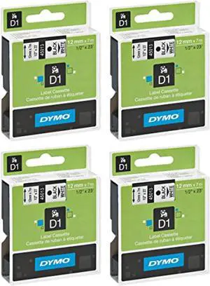 DYMO 45013 D1 Tape Cartridge for Dymo Label Makers, Created Specifically for Your LabelManager and LabelWriter Duo Label Makers, 1/2-inch x 23 Feet, Black on White, Pack of 4 (45013-4PACKS)