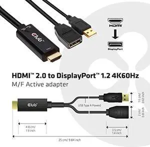 Club 3D 4K 60Hz HDMI to DisplayPort Video Adapter w/USB Power - HDMI 2.0 (Male) to DP 1.2 (Female) Active Monitor Converter (CAC-1331) (CAC-1331)