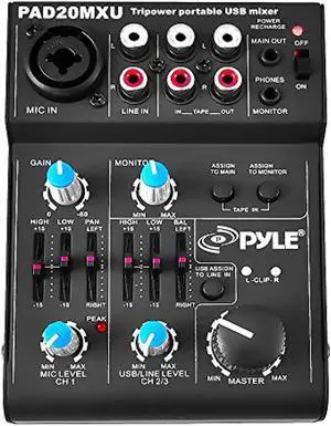 5 Channel Audio Mixer - DJ Sound Controller Interface with USB Soundcard for PC Recording, XLR 3.5mm Microphone Jack, 18V Power, RCA Input and Output for Professional and Beginners - Pyle P (PAD20MXU)