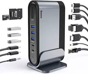 Baseus 17-in-1 USB C Docking Station to Cast on 3 Monitors, 4K USB C Dock Laptop Docking Station with 100W PD USB-C Port, 4K HDMI*3, USB 3.0*5, LAN, SD/TF Cards Reader, Audio Port f (CAHUB-A/B/C/DG0G)