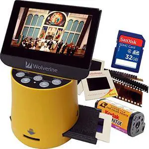 Wolverine Titan 8-in-1 20MP High Resolution Film to Digital Converter with 4.3" Screen and HDMI Output, Worldwide Voltage 110V/240V AC Adapter  and  32GB SD Card (Bundle) (Yellow)