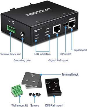 TRENDnet Hardened Industrial 60W Gigabit PoE+ Injector, DIN-Rail Mount, IP30 Rated Housing, Includes DIN-rail  and  Wall Mounts, TI-IG60,Black (TI-IG60)