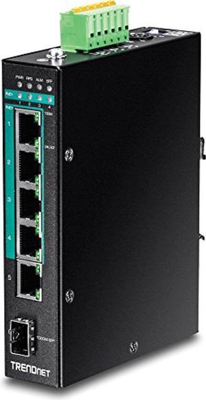 TRENDnet 5-Port Hardened Industrial Gigabit PoE+ DIN-Rail Switch, 120W Power Budget, 1 x SFP Slot, IP30 Rated, Unmanaged Switch, Gigabit PoE+ Network Switch, Lifetime Protection, Black, TI- (TI-PG541)