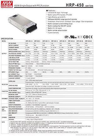 Mean Well HRP-450-24 Power Supply, Switching, PFC Enclosed, 451.2 Watt, 24 VDC, 18.8 A, 8.9" L x 4.1" W x 1.6" H, Silver (HRP-450-24)